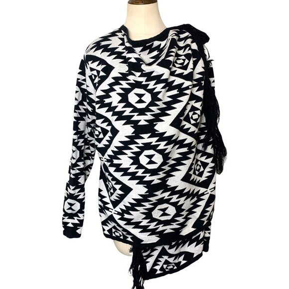 𝅺JESSICA Southwestern Black White printed Tribal Jersey Knit Cardigan Wrap L - Picture 2 of 11